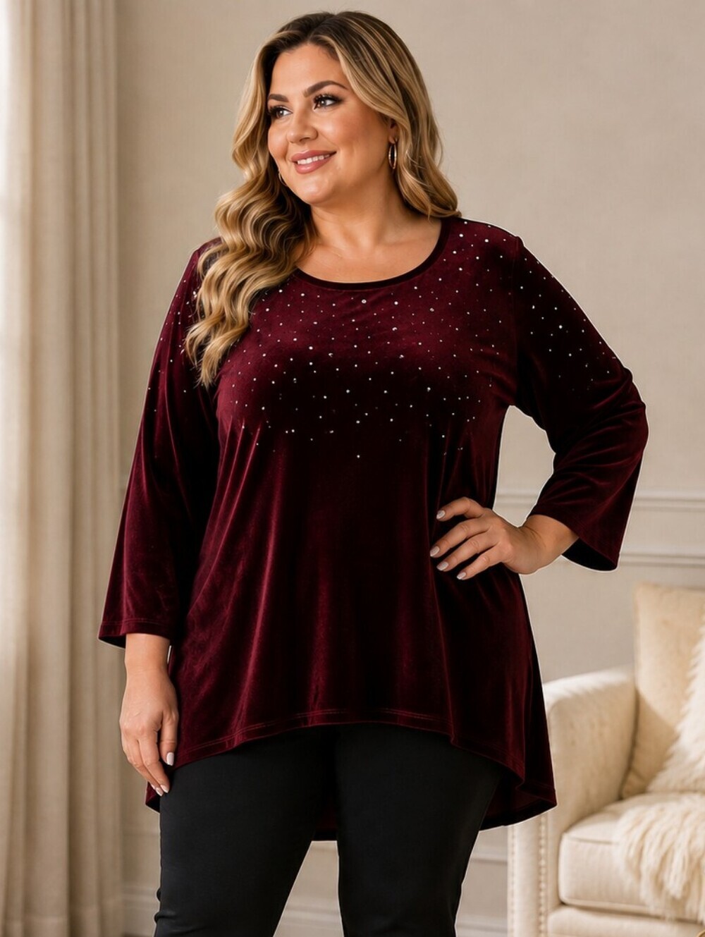 Quacker Factory  Wine Red Hi-low Velvet Top with Crystal Bling Embellishments